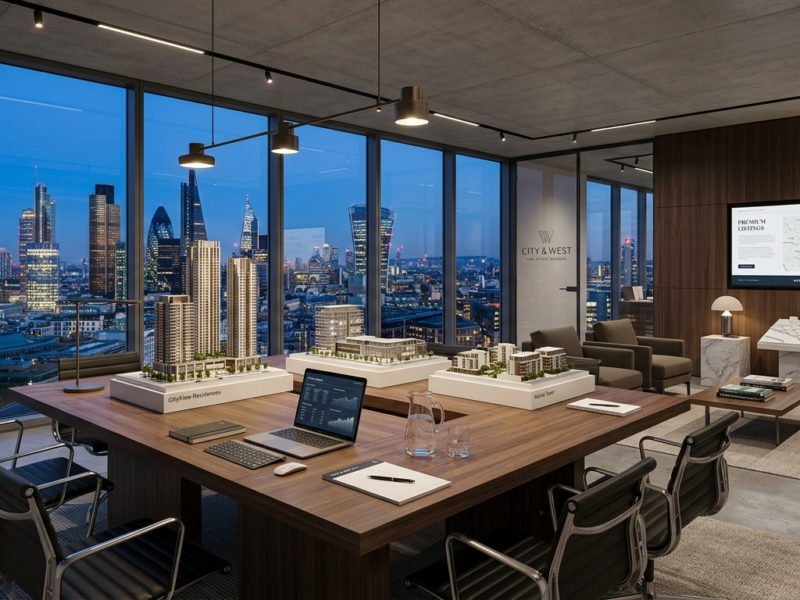 Real estate advisory boardroom with city view