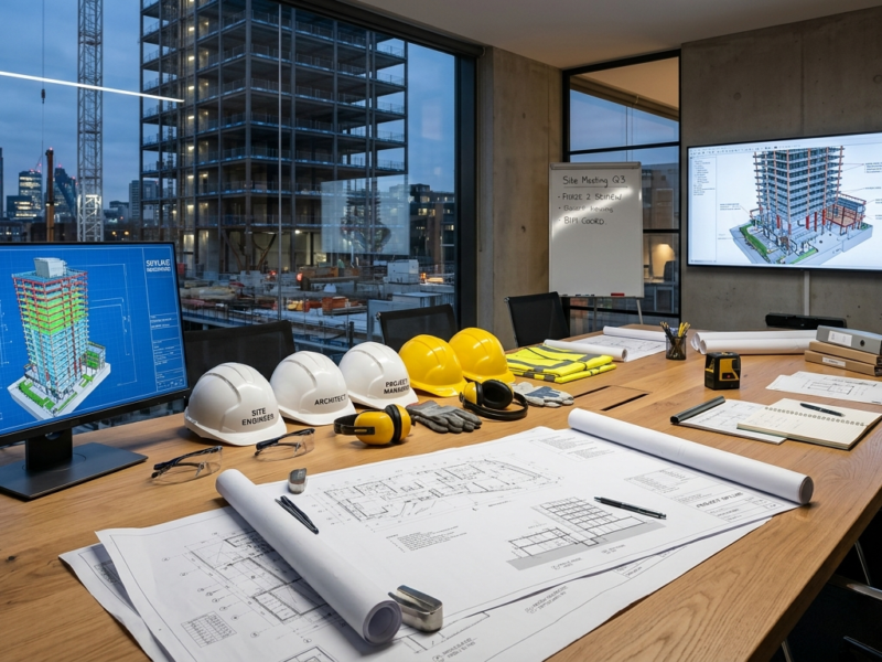 Construction plans and safety helmets on a desk